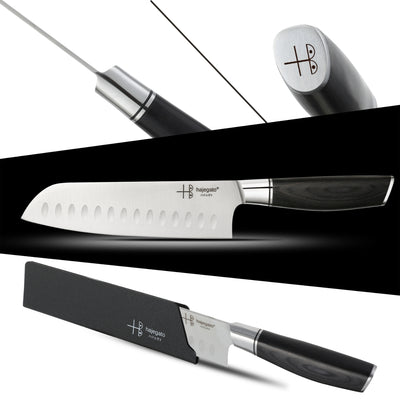 hajegato 7" Super Sharp Chef Knife - Professional Cook Kitchen Knife Set - Japanese Santoku Knives - German High Carbon Stainless Steel EN1.4116 - with Knife Sharpener Finger & Blade Guard Gift Box