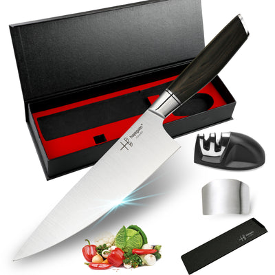 hajegato Chef Knife, Ultra Sharp Kitchen Knife 8" Premier High Carbon German EN1.4116 Stainless Steel, Chopping Cooking Knife with Knife Sharpener Finger & Blade Guard